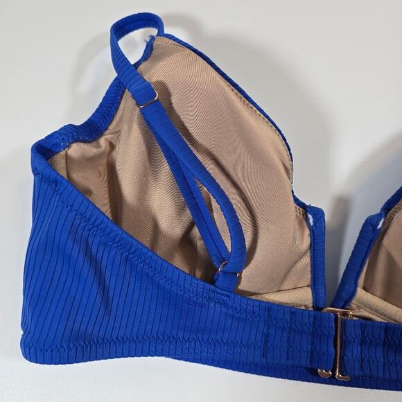 M Shade & Shore Blue V Ribbed Swim Top Bra Womens Size 36D Boning Removable Pads - Picture 5 of 10